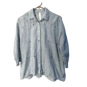 Zara Basic Z1975 Denim Light Blue Embroidered Cactus Button Down Shirt Small